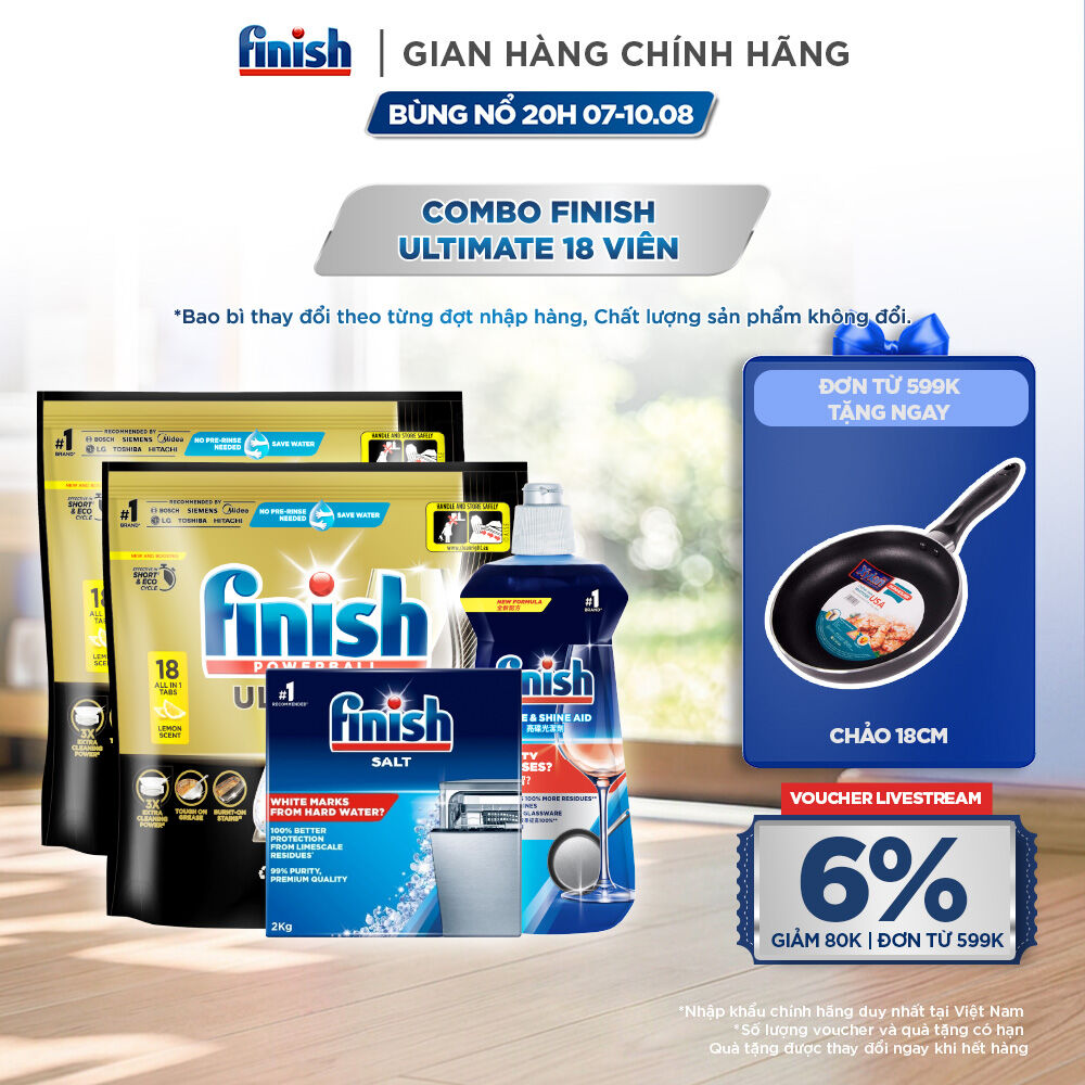 Combo 2 Túi rửa chén Finish Ultimate 18 viên + Nước làm bóng Finish 500ml + Muối rửa chén Finish 2kg