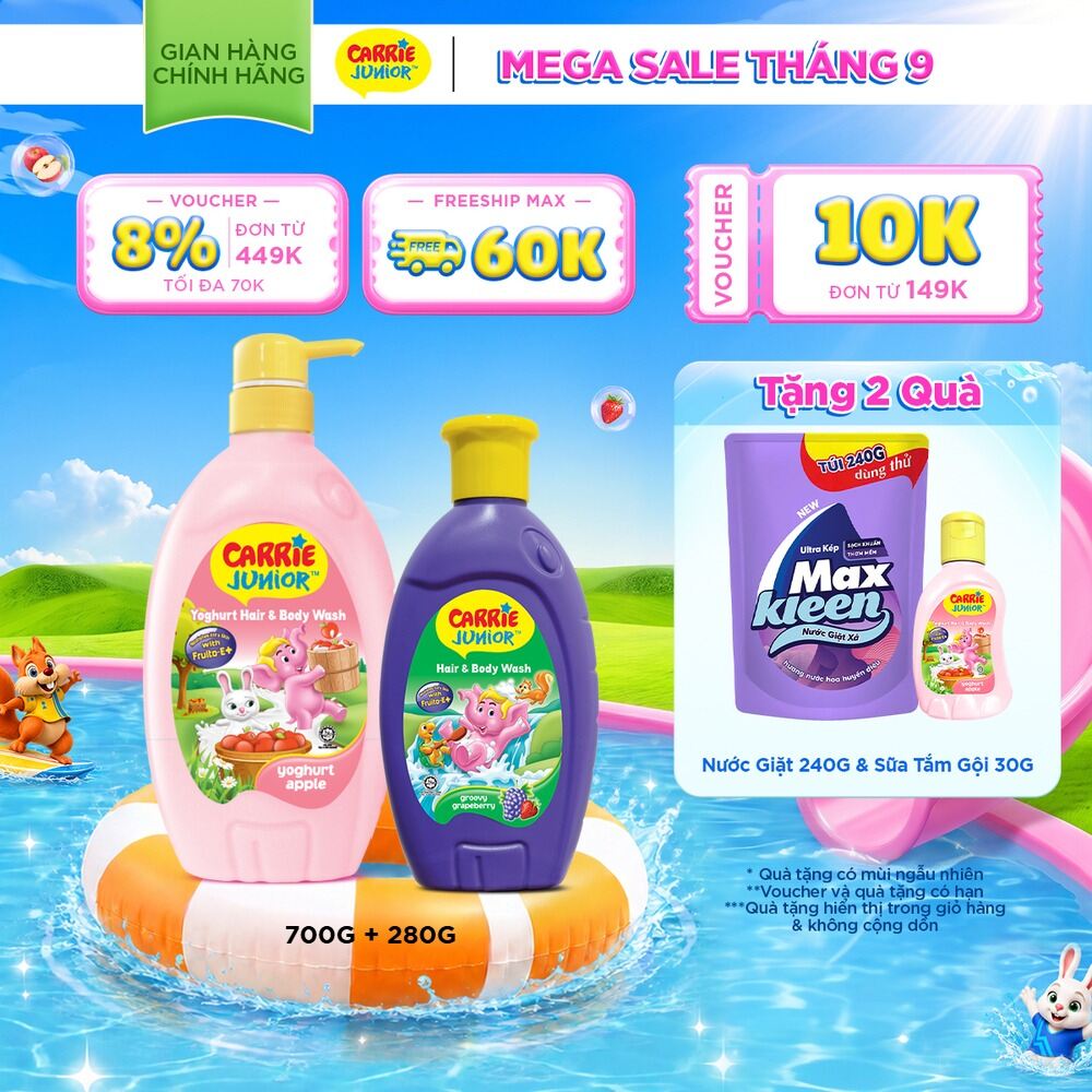 Combo Chai Sữa Tắm Gội Cho Bé Carrie Junior chiết xuất trái cây thiên nhiên Yoghurt hương Táo 700g + Grapeberry 280g