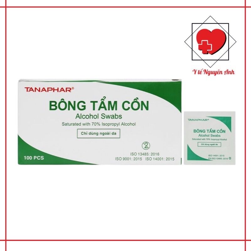 Bông tẩm cổn Tanaphar hộp 100 miếng, Bông tẩm cồn, Sát khuẩn, sát trùng