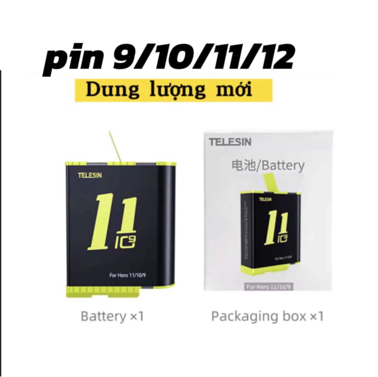 Pin gopro 9 10 11 /12 pin telesin new box. phụ kiện pin máy quay gopro gopro camera