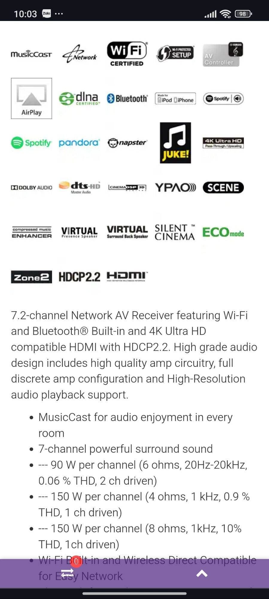 Ampli Yamaha V681 7.2 kênh HDMI 4k Atmos wifi Bluetooth usb lossless