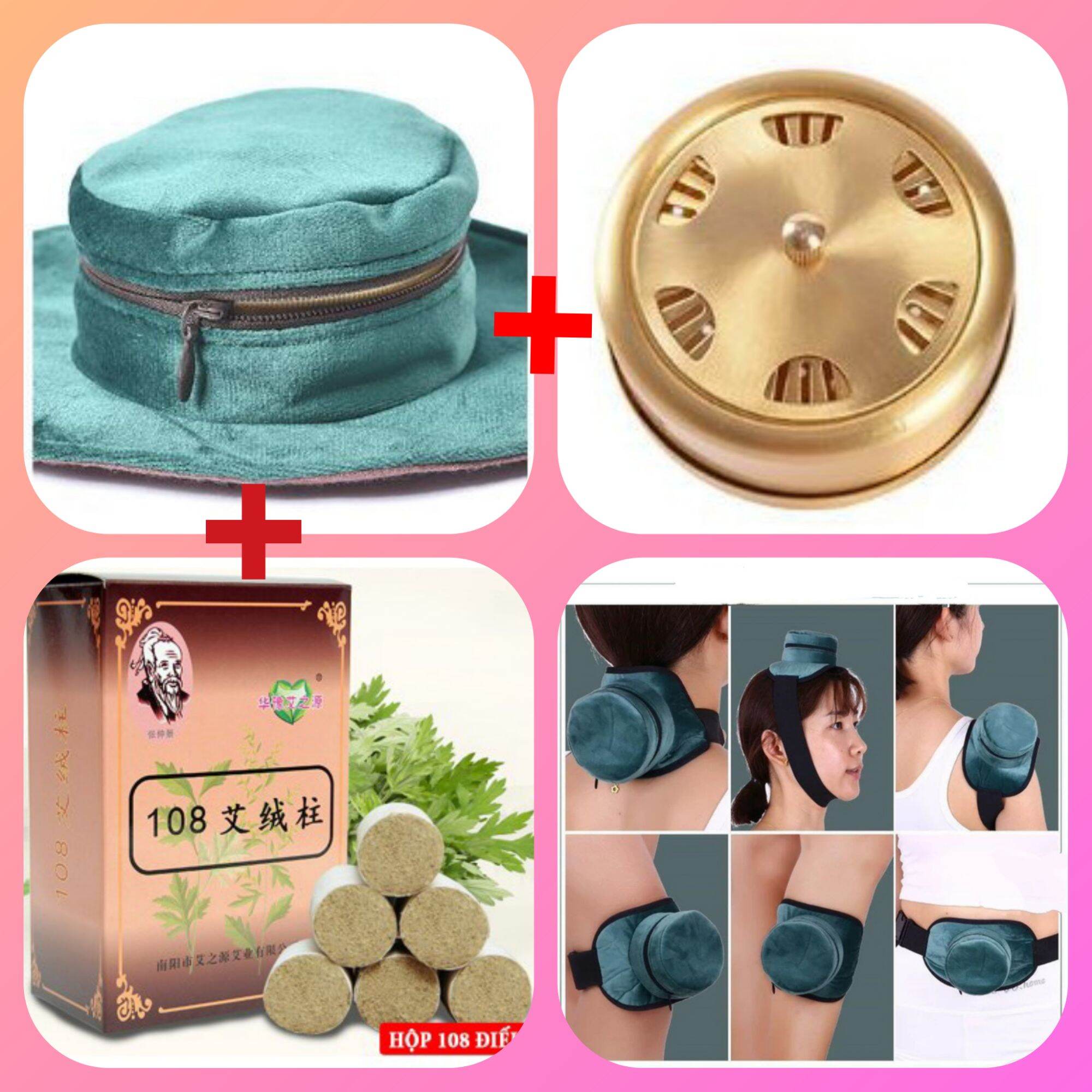 Bộ Đai xông ngải cứu trị liệu+ hộp ngải đoạn 108 viên+ bao nhung xanh cao cấp+ hộp 12 miếng dán ngải cứu.Hộp xông cứu ngải