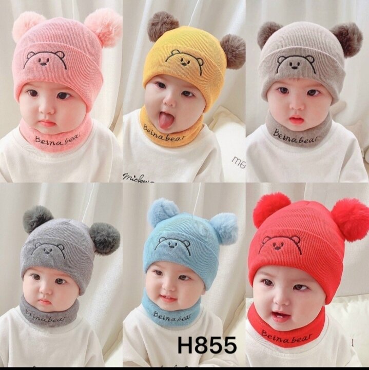 Set nón Len mặt gấu 2 cục bông kèm khăn ống giữ ấm cổ cho bé 3th đến 4tuổi