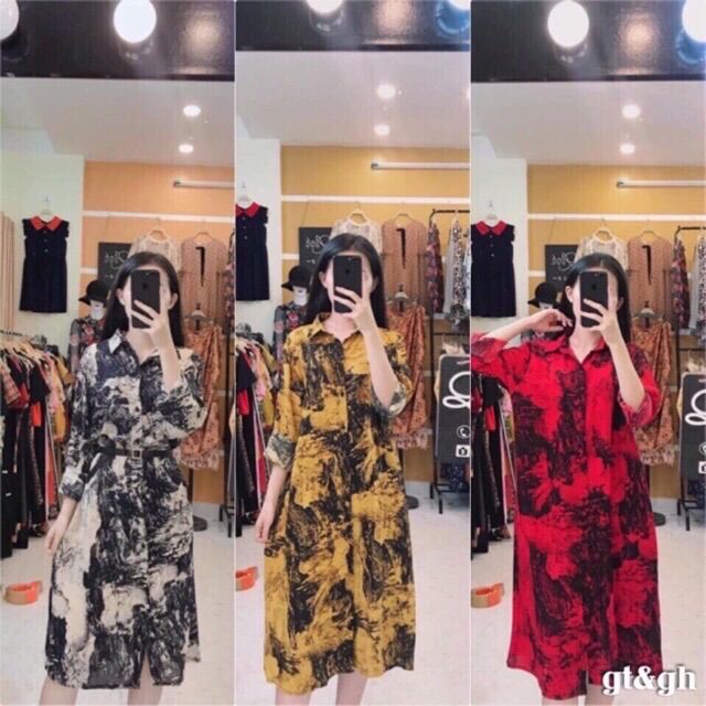 Set Áo Đâm Sơ Mi Lụa Hoạ Tiết Hàng Quảng Châu