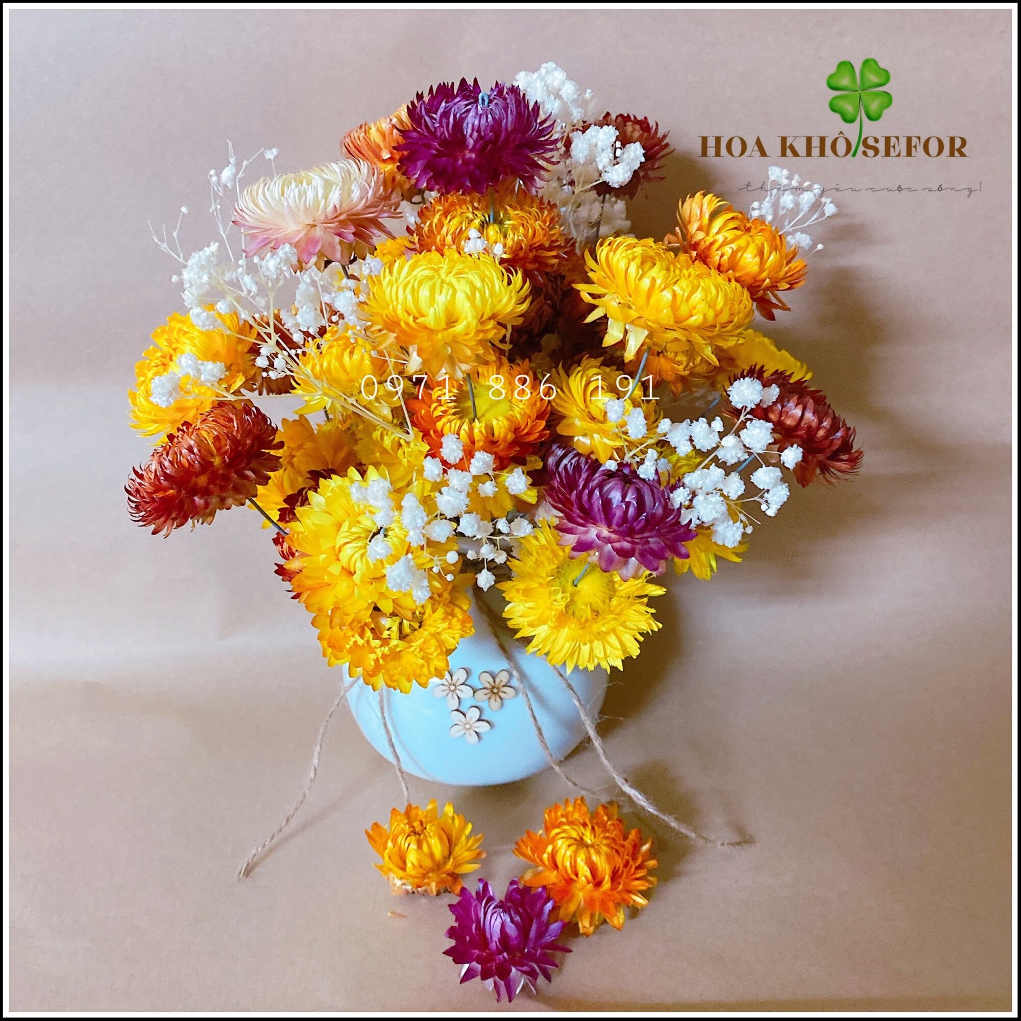 Lọ hoa Bất Tử mix Baby  ❤️Hoa Bất Tử- Baby khô ❤️ trang trí nhà cửa, làm quà tặng