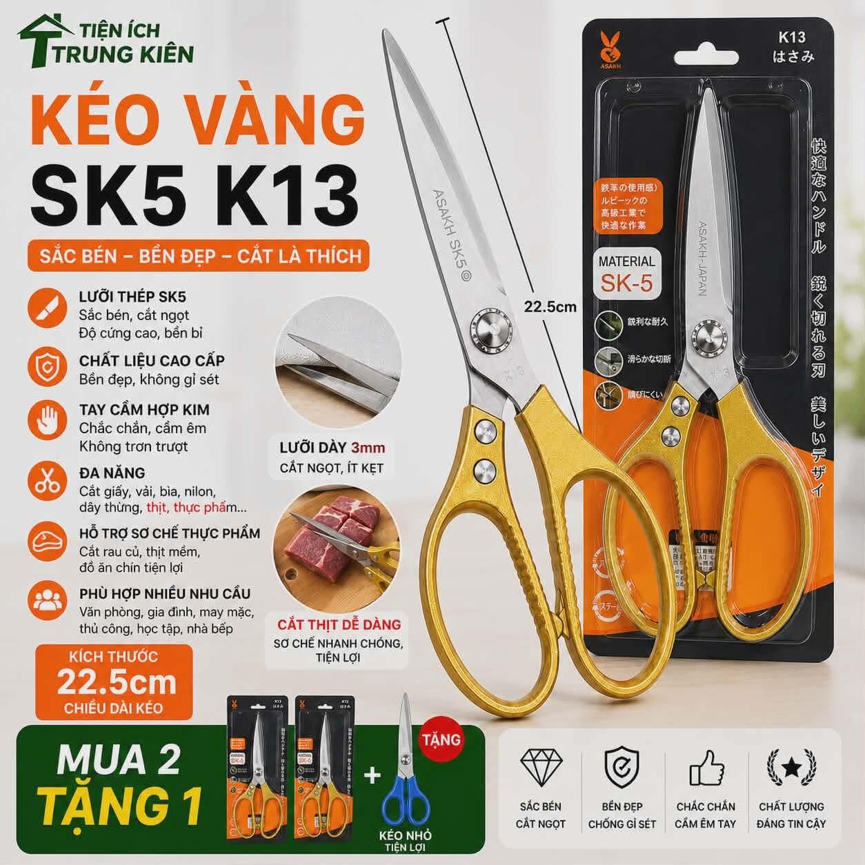 ✂️ Kéo Vàng SK5 K13 – Siêu Sắc Bén, Cắt Ngọt Tay 22.5cm | Mua 2 Tặng 1 Kéo Nhỏ