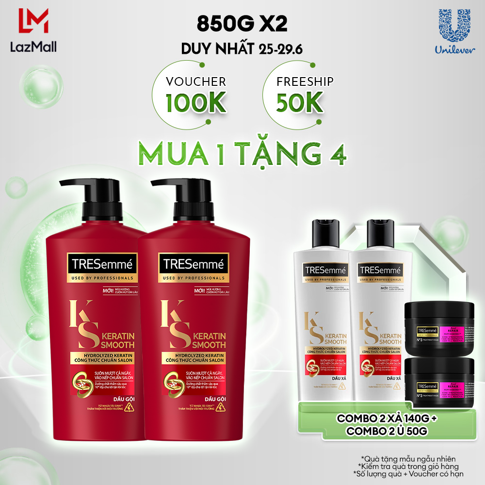 Combo 2 Dầu Gội TRESemmé Keratin Smooth Keratinbond+ Cho Tóc Khô Xơ Rối Vào Nếp Suôn Mượt (850gx2)