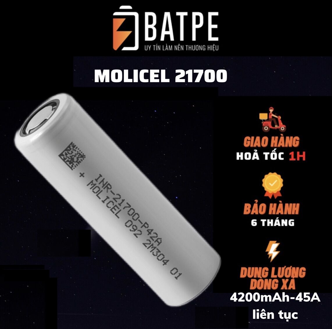 Pin sạc xả cao molicel 21700 p42a mới 100% dung lượng 4000mah 45a