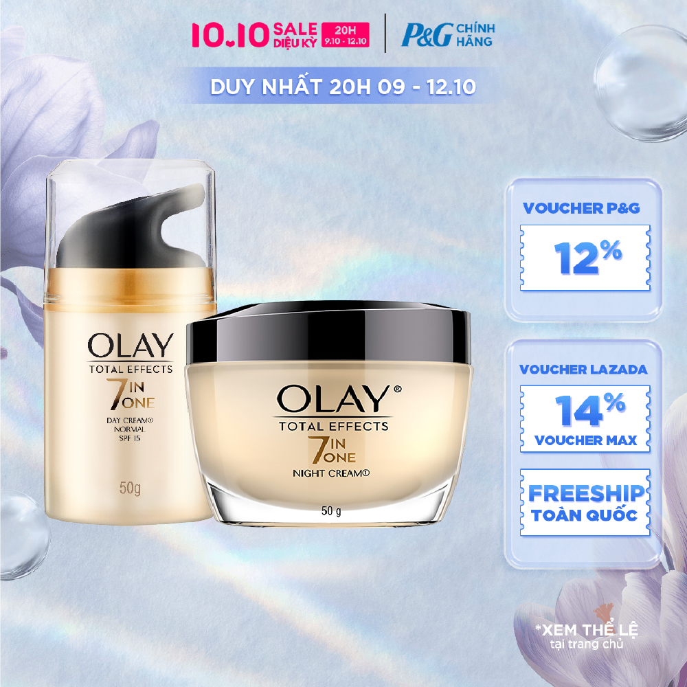 [Voucher 12%] Combo Kem Dưỡng Ban Ngày OLAY TOTAL EFFECTS Phục Hồi & Làm Chậm 7 Dấu Hiệu Lão Hóa Dịu Nhẹ SPF 15 Hũ 50G + Kem Dưỡng Ban Đêm OLAY TOTAL EFFECTS Phục Hồi & Làm Chậm 7 Dấu Hiệu Lão Hóa Hũ 50G