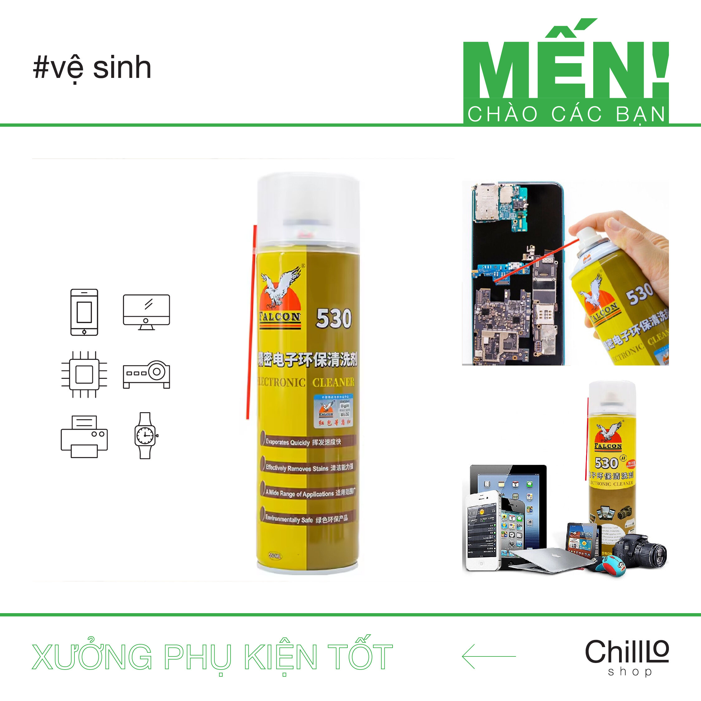 Chai xịt falcon 530 electronic cleaner 550ml  - nước lau vệ sinh màn hình linh kiện điện thoại, máy tính, máy ảnh, camera