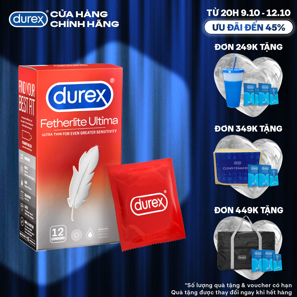 [TỪ 20H | 9-12.10 VOUCHER GIẢM THÊM 5%] Bao cao su Durex Fetherlite Ultima siêu mỏng, size 52mm, 12 bao/hộp