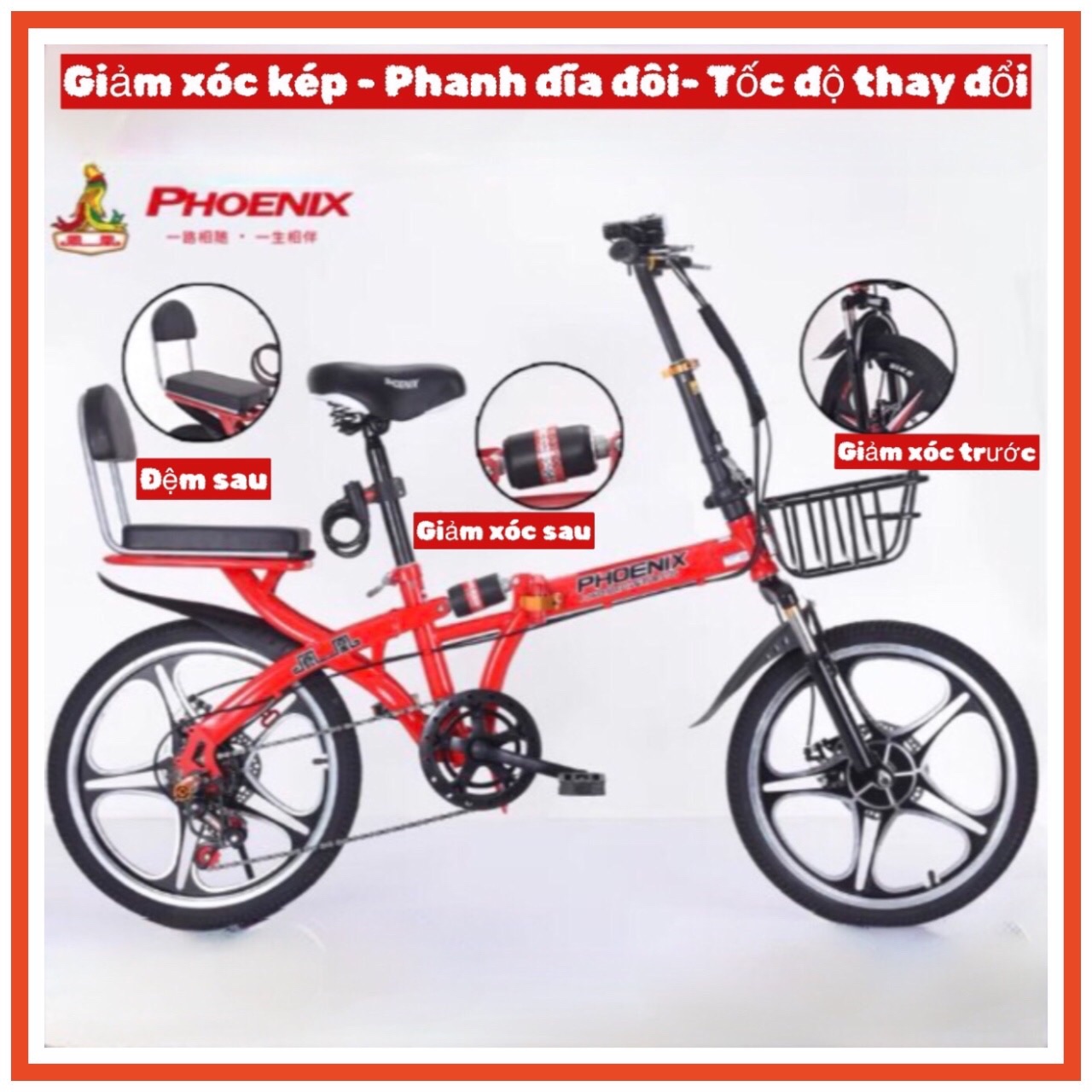 Xe đạp gấp Phoenix 20 icnh- giảm xóc kép - Phanh đĩa đôi- dễ dàng gấp gọn