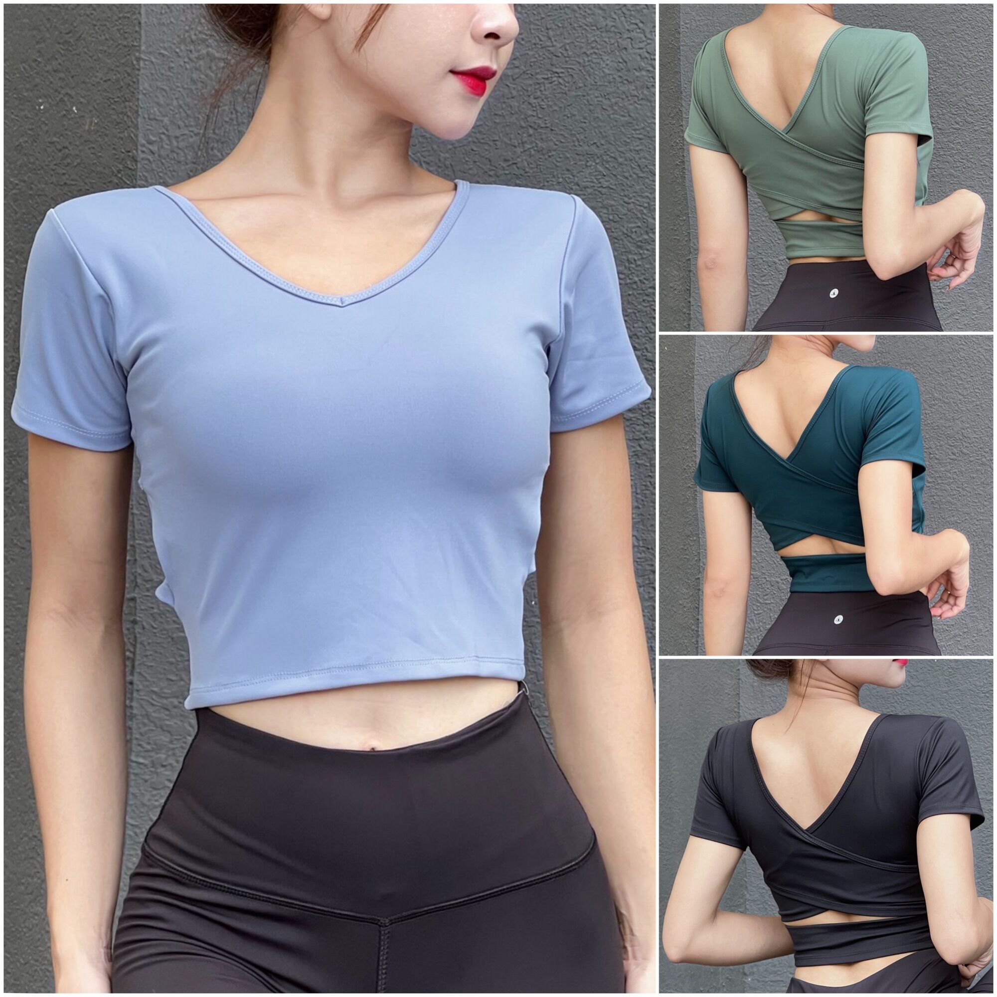 Áo Croptop Kèm Mút Cổ Tim Đắp Chéo Lưng Vải Thun Lạnh