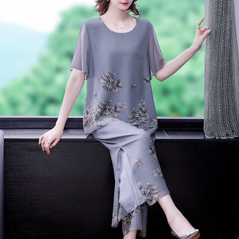 Bộ Trang Phục Mùa Hè Cho Mẹ Áo Cỡ Lớn Cho Phụ Nữ Trẻ Trung Áo Thun Lụa Thật Ngắn Tay 40 Tuổi 50 Kiểu Tây Cho Người Trung Niên Và Già