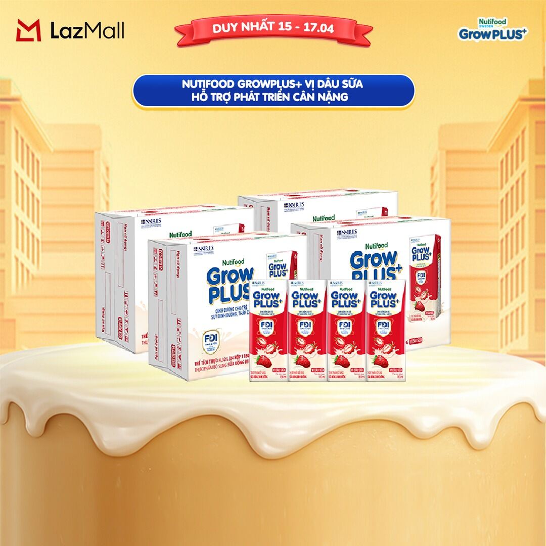 Combo 4 Thùng 24 hộp Sữa bột pha sẵn Nutifood GrowPLUS+ Vị Dâu Sữa hộp 180ml - Hỗ trợ phát triển cân nặng