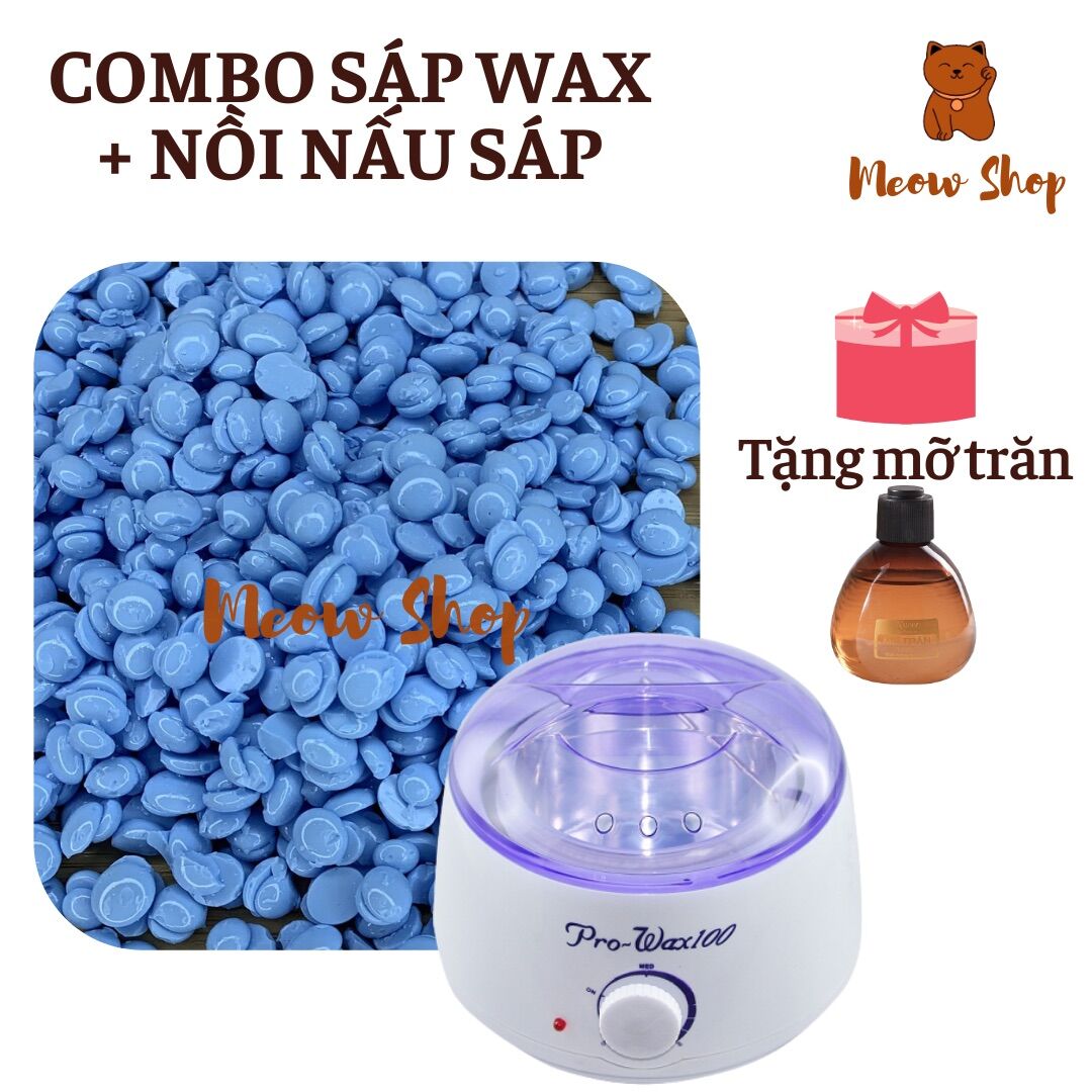 Combo triệt lông nồi nấu sáp chống dính+ 100g sáp wax lông dừa Coconut dạng hạt siêu bám, an toàn cho da