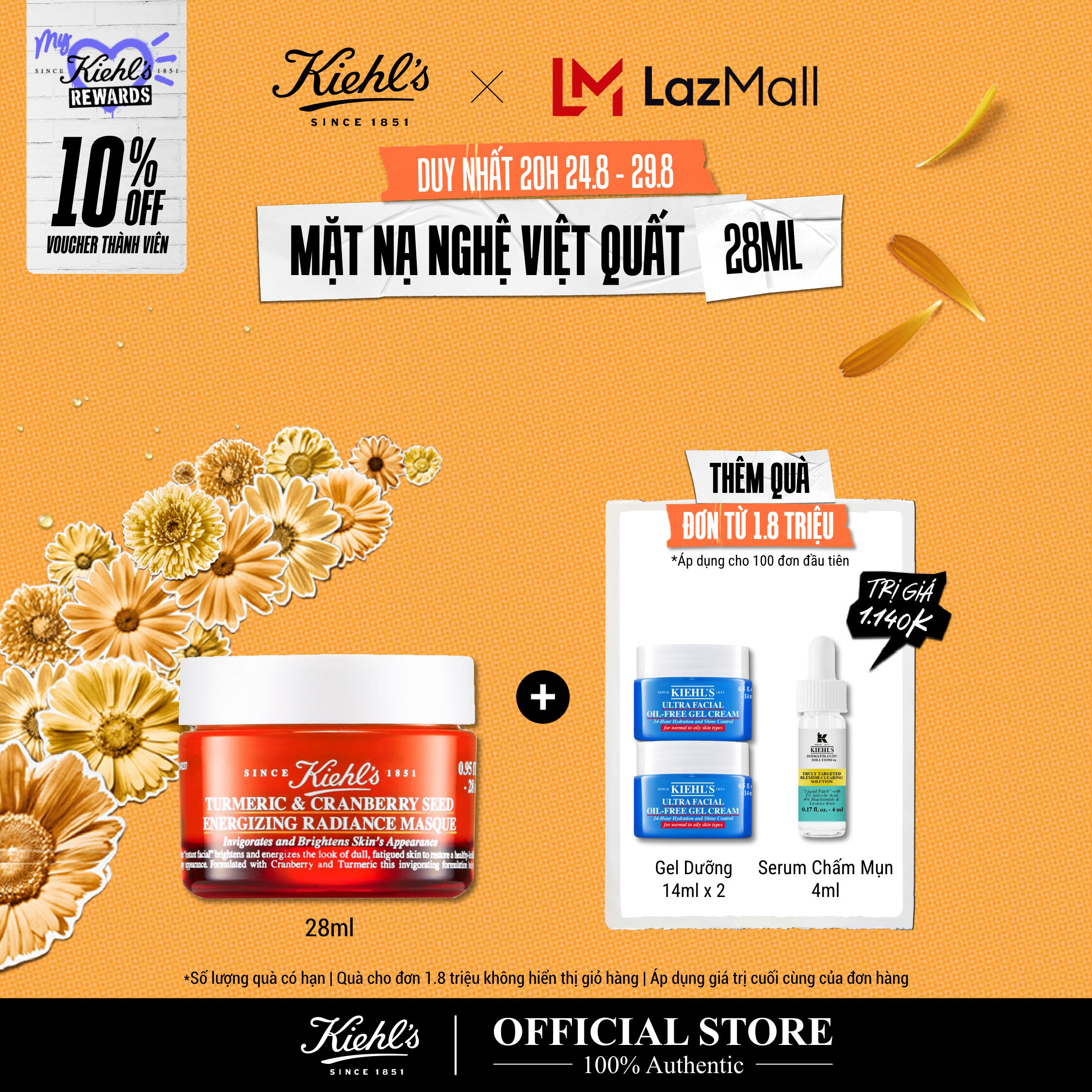 [VOUCHER 10% - TẶNG QUÀ ĐƠN 1.8TR] Mặt nạ nghệ việt quất Kiehl's Turmeric & Cranberry Seed Energizing Radiance Masque 28ml