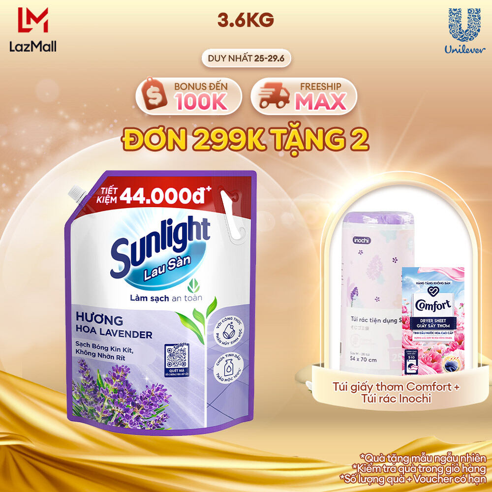 Nước lau sàn Sunlight Hoa Lavender Túi 3.6kg | Tinh dầu Thảo mộc 100% | Hương thơm tinh tế