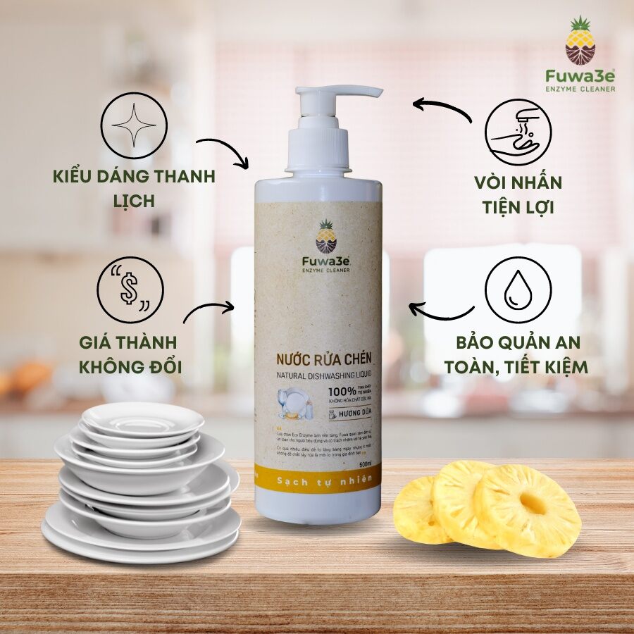 Nước Rửa Chén Hữu Cơ Fuwa 3e Chai 500ml Lên Men Từ Vỏ Trái Cây An Toàn Cho Da Nhạy Cảm