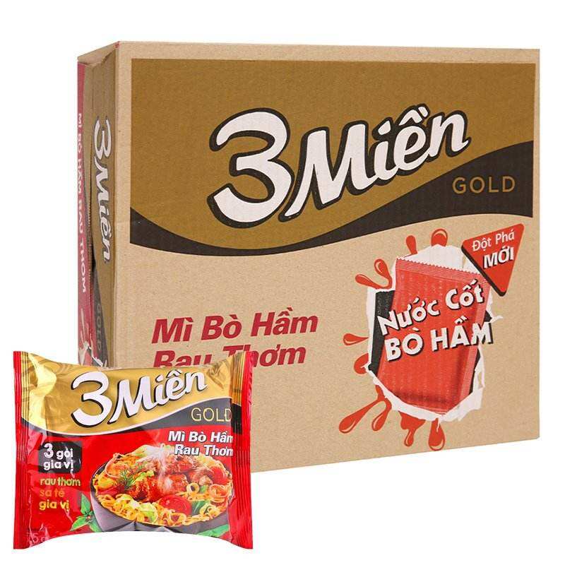 Mì 3 Miền Gold bò hầm rau thơm thùng 30 gói 75g
