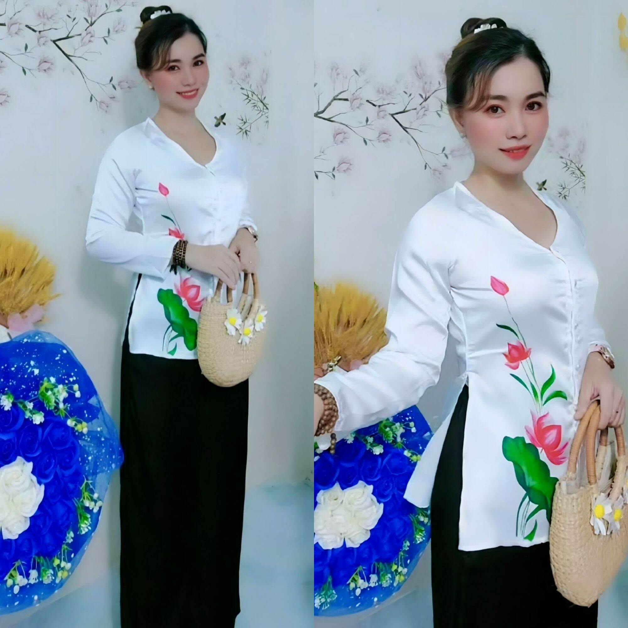 Bộ bà ba hoa sen lụa ngọc trai, phối quần lụa tằm cao cấp phom 42-58kg