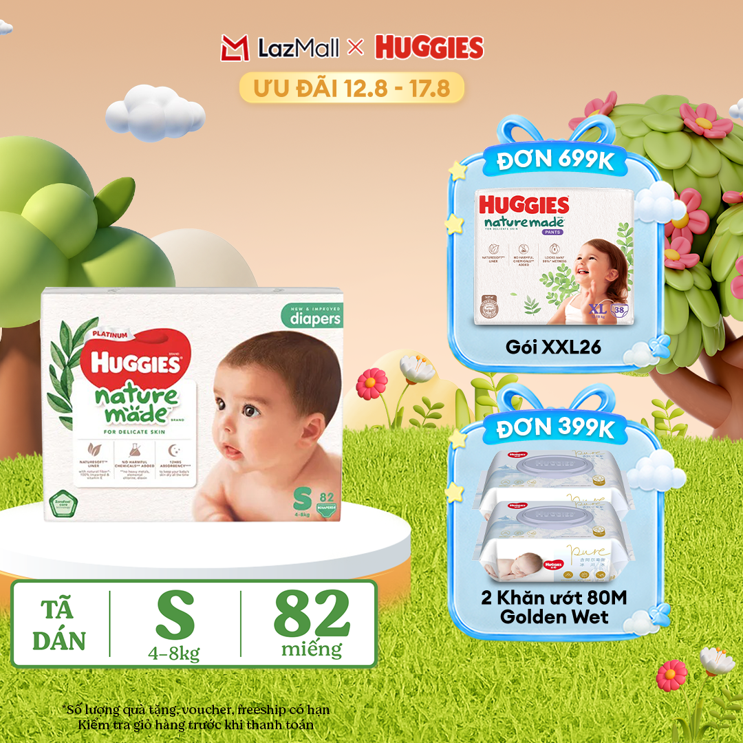 [12-17.08 QUÀ TẶNG ĐƠN 399K] Tã/Bỉm dán sơ sinh Huggies Platinum NatureMade S82 (4-8kg)-Gói Super Jumbo 82 miếng