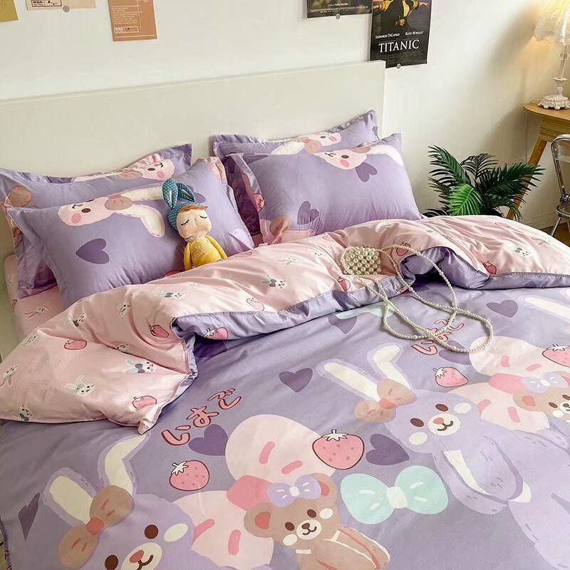 Bộ Chăn ga gối cotton poly - Mẫu thỏ tím.