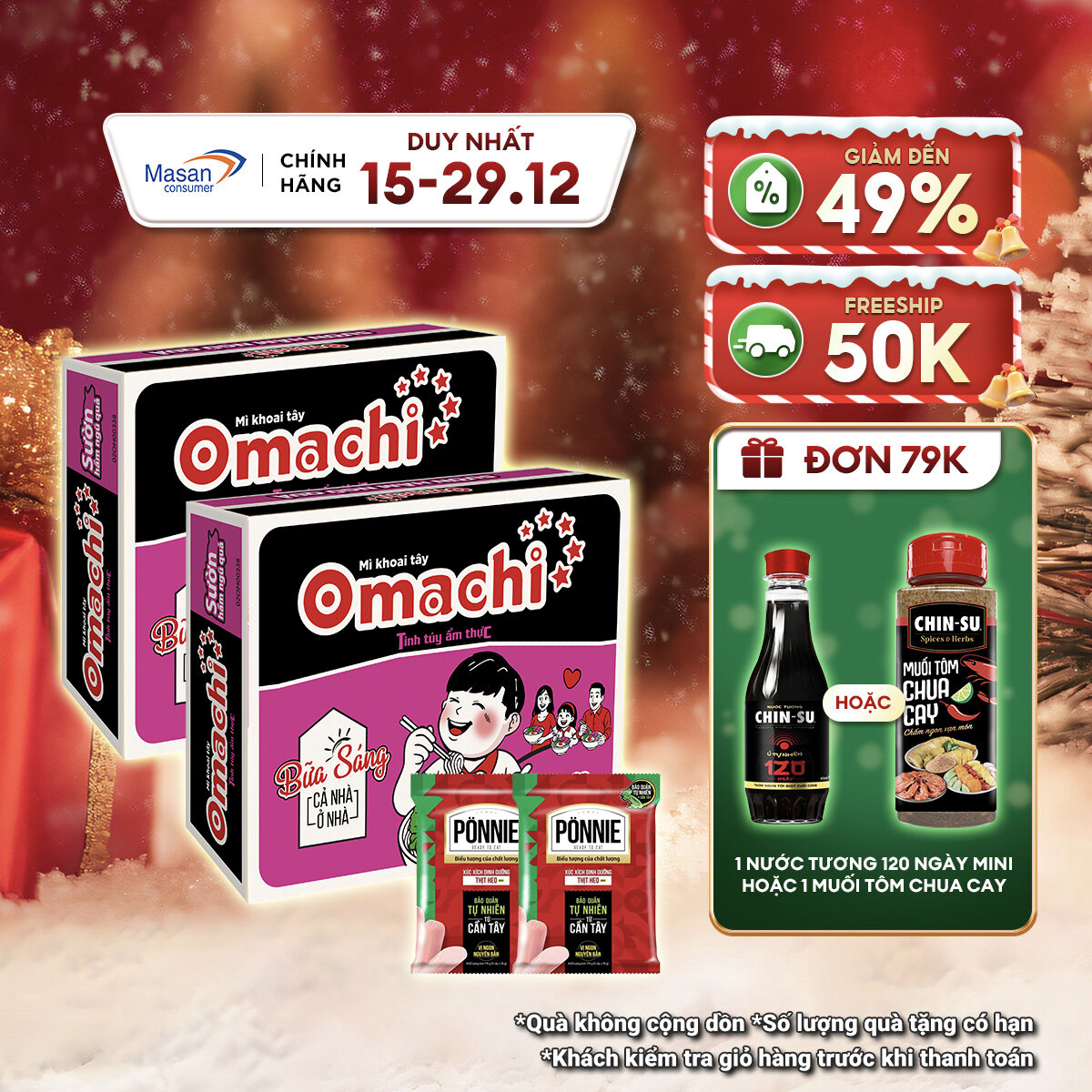  Combo 2 Thùng Omachi Sườn Hầm Ngũ Quả Gói 80G + 2 Xúc Xích Tiệt Trùng Ponnie Vị Heo 70G 