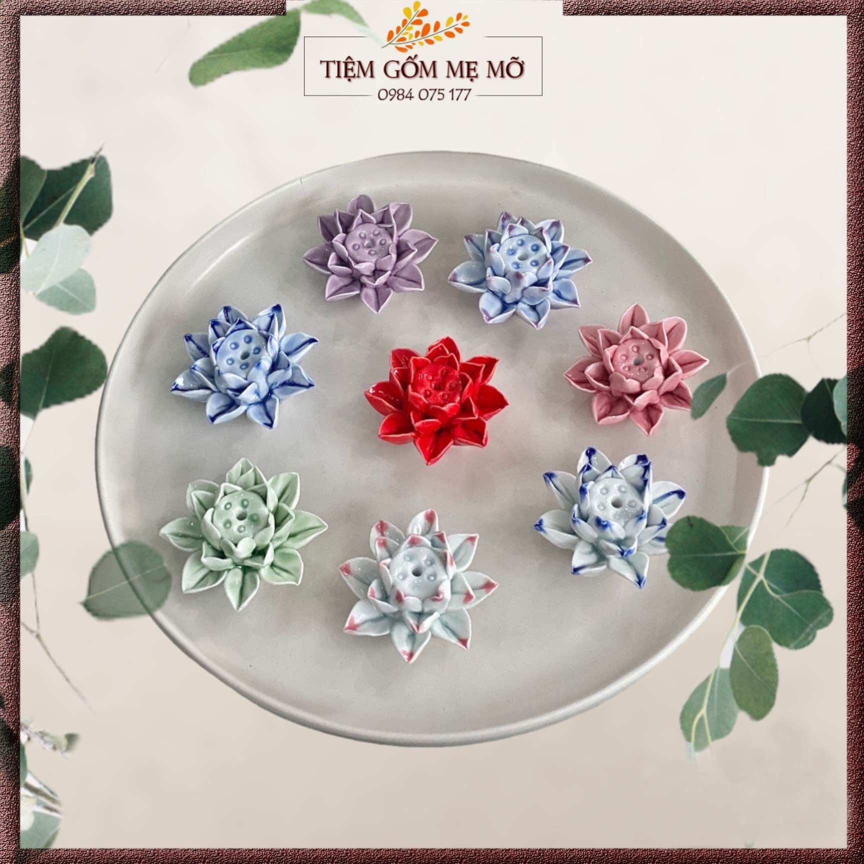 Hoa sen sứ trang trí tiểu cảnh, thả bát hoa, chân đế cắm nhang trầm hương