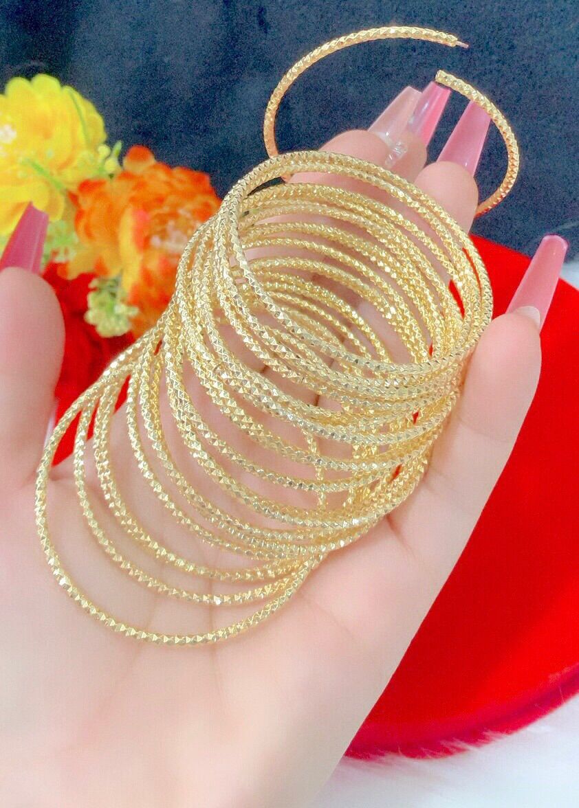 Vòng ximen bản nhỏ chạm kim cương khoá xỏ mạ vàng 18k bộ 7 chiếc
