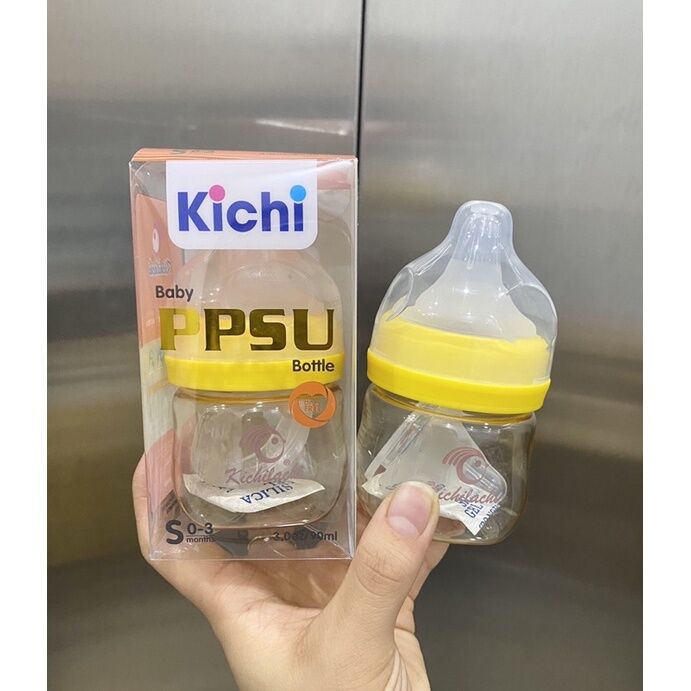 Bình sữa sơ sinh cổ rộng PPSU Kichilachi 90ml cảm ứng nhiệt