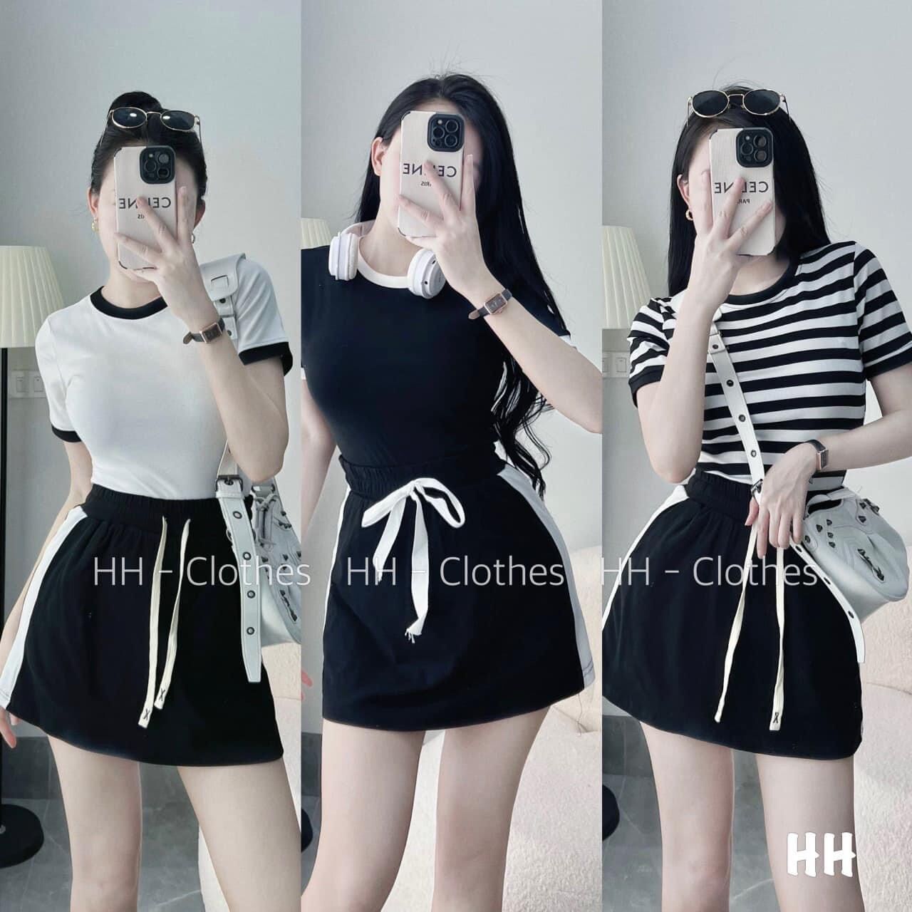 Set áo thun phối viền tay cổ kèm chân váy phối viền dây rút, hàng loại 1