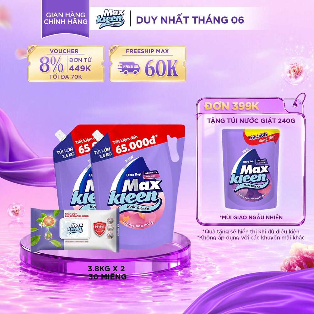 Combo 2 Túi Nước Giặt Xả MaxKleen hương Hoa Nắng (3.8kg/túi) + Lau Bề Mặt Đa Năng