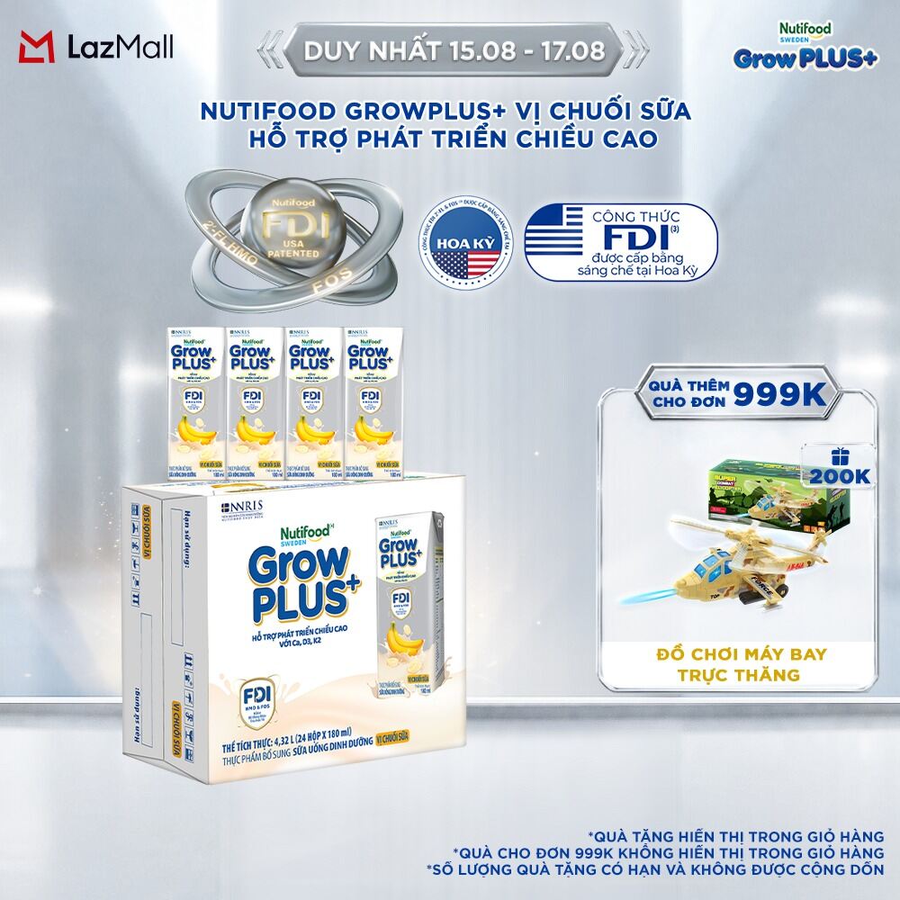 Thùng 24 hộp Sữa bột pha sẵn Nutifood Sweden GrowPLUS+ Vị Chuối Sữa hộp 180ml - Hỗ trợ phát triển chiều cao (24 hộp x 180ml)