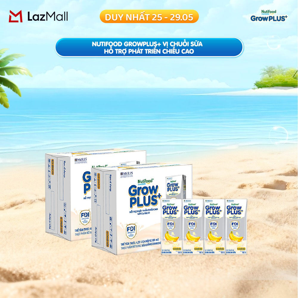 Combo 2 Thùng 24 hộp Sữa nước pha sẵn Nutifood Sweden GrowPLUS+ Vị Chuối Sữa hộp 180ml - Hỗ trợ phát triển chiều cao