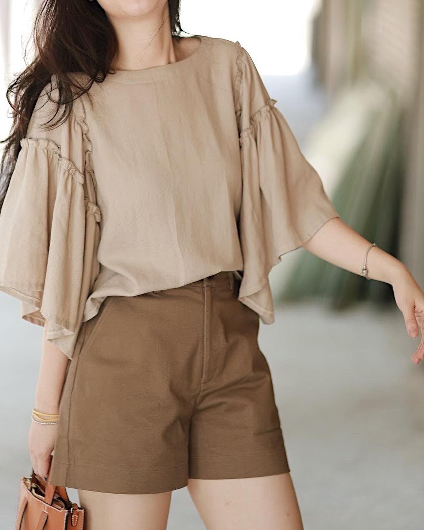 RUCHAN Jeje Top áo cánh tiên tay lửng đỏ nâu