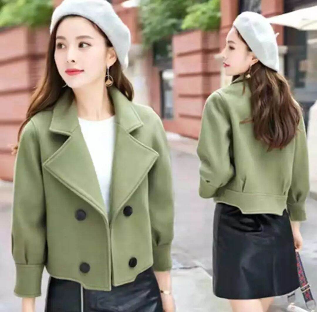 Áo khoác dạ lửng croptop 2 hàng cúc