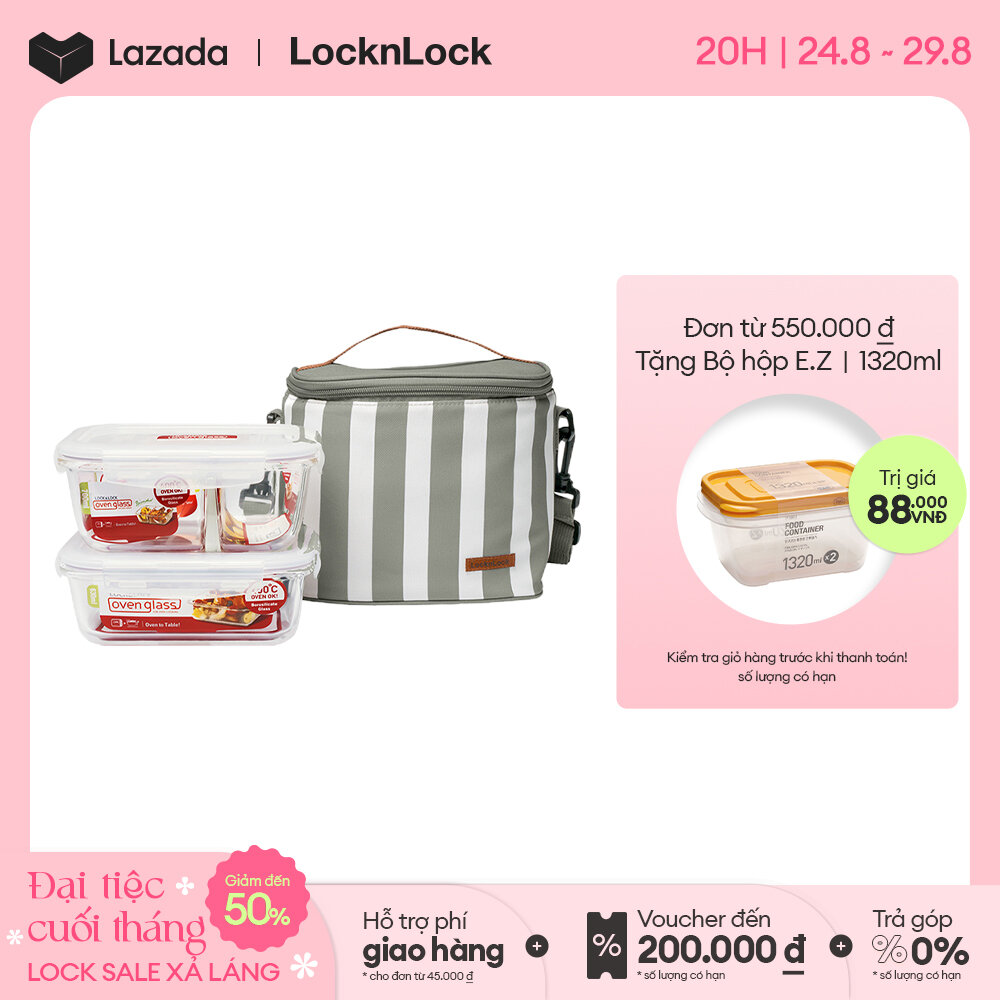 Bộ túi 2 hộp cơm thủy tinh giữ nhiệt Lock&Lock 3EA LLG428S2 - Gồm 2 hộp (1 hộp 2 ngăn + 1 hộp 1 ngăn) và 1 túi cách nhiệt có dây đeo dài