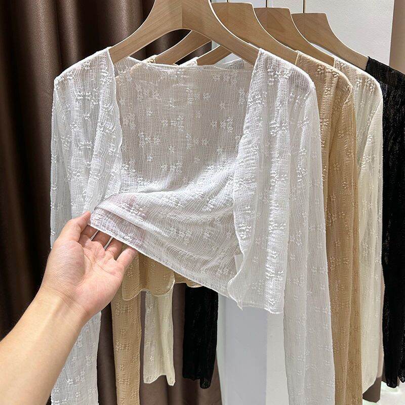 Áo Len Cardigan Ren Trắng Chống Nắng Mùa Hè Cho Nữ Áo Khoác Ngoài Váy Dây Áo Choàng Ngắn Áo Khoác Má