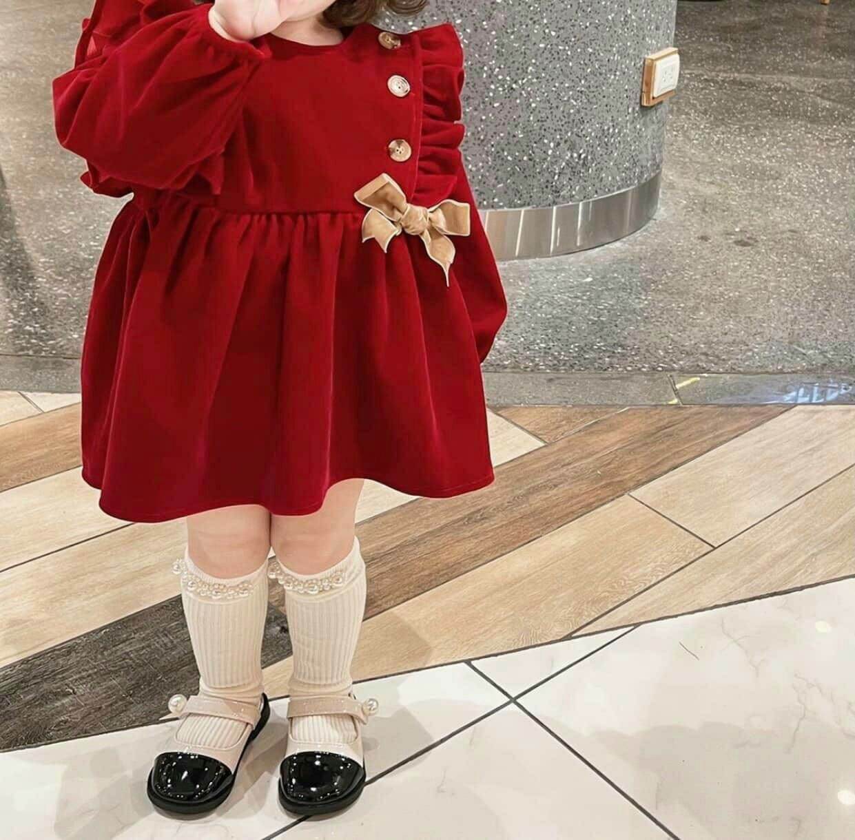 Váy đầm Nhung Đỏ dài tay bé gái 3-8y