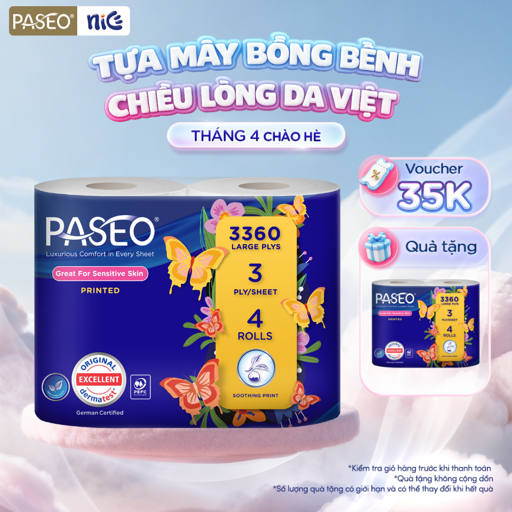 Combo of 2 Packs of Paseo Toilet Paper, 4 Rolls, 3 Layers (with Printing)