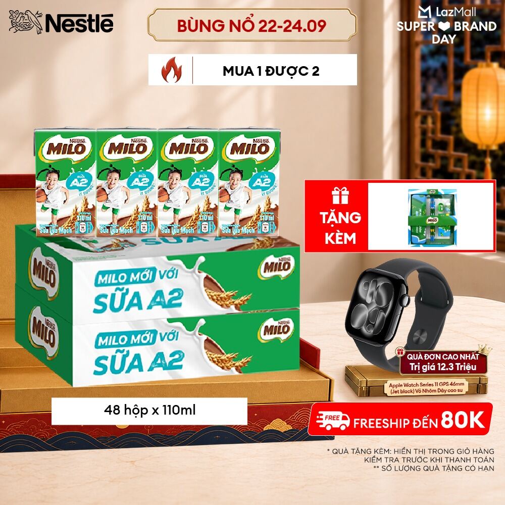 Combo 2 Thùng  Sữa Lúa Mạch Nestle MILO A2 MỚI 48 hộp (4x110ml)