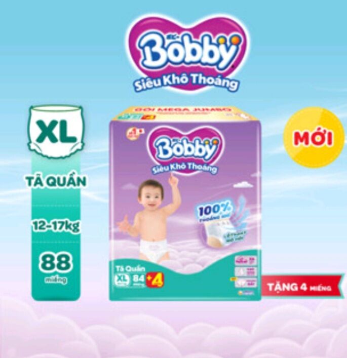    TẶNG THÊM 4 MIẾNG   Tã quần Bobby Mega Jumbo XL84 miếng Gạo non 