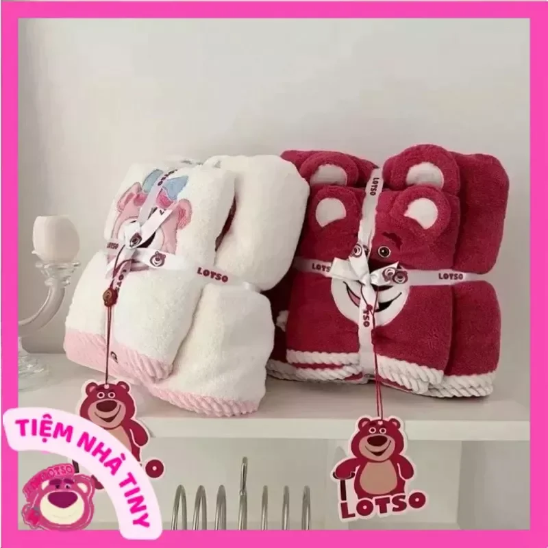 Set 2 khăn tắm gấu dâu LOTSO hồng lông cừu dễ thương mang du lịch tiện lợi - Combo 2 khăn tắm lau mặ