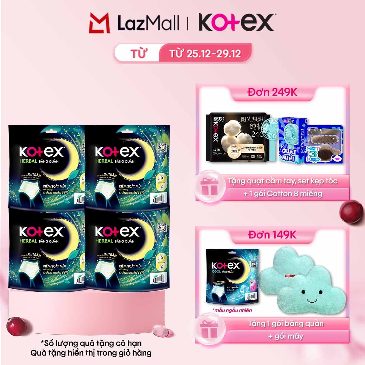  CHỈ 20h 31.12-03.01 QT Đơn 69K 149K 249K  Combo 4 BVS Kotex Ban Đêm Thảo Dược dạng quần cỡ L XL 2x4 miếng 