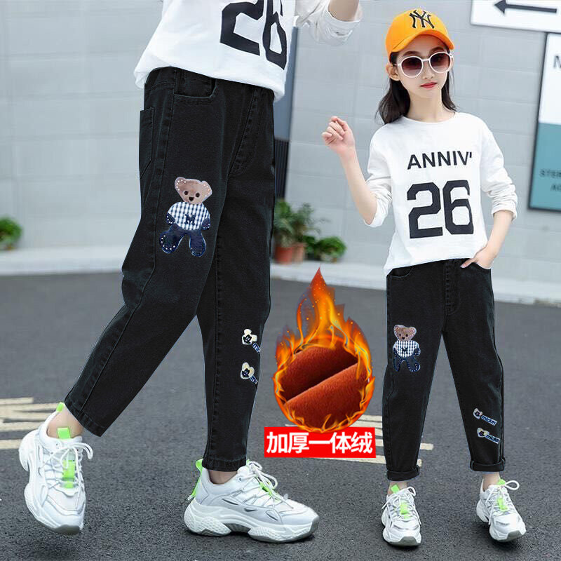 Children's Clothing Girls Jeans plus Velvet Thickened Autumn and Winter Medium and Large Children's Leggings Children Cotton-Padded Trousers Girls Trousers