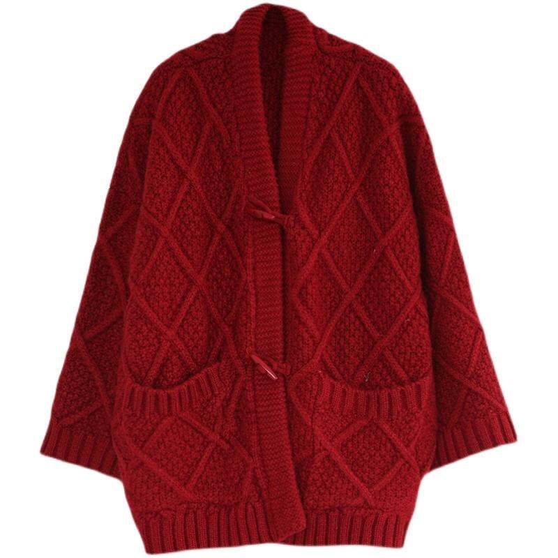 Áo Cardigan Đỏ Cardigan Áo Len Cài Sừng Trâu Vặn Thừng Thô Phong Cách Lười Rộng Rãi Phong Cách Hàn Quốc Thu Đông 2021 Áo Khoác Nữ Mặc Ngoài