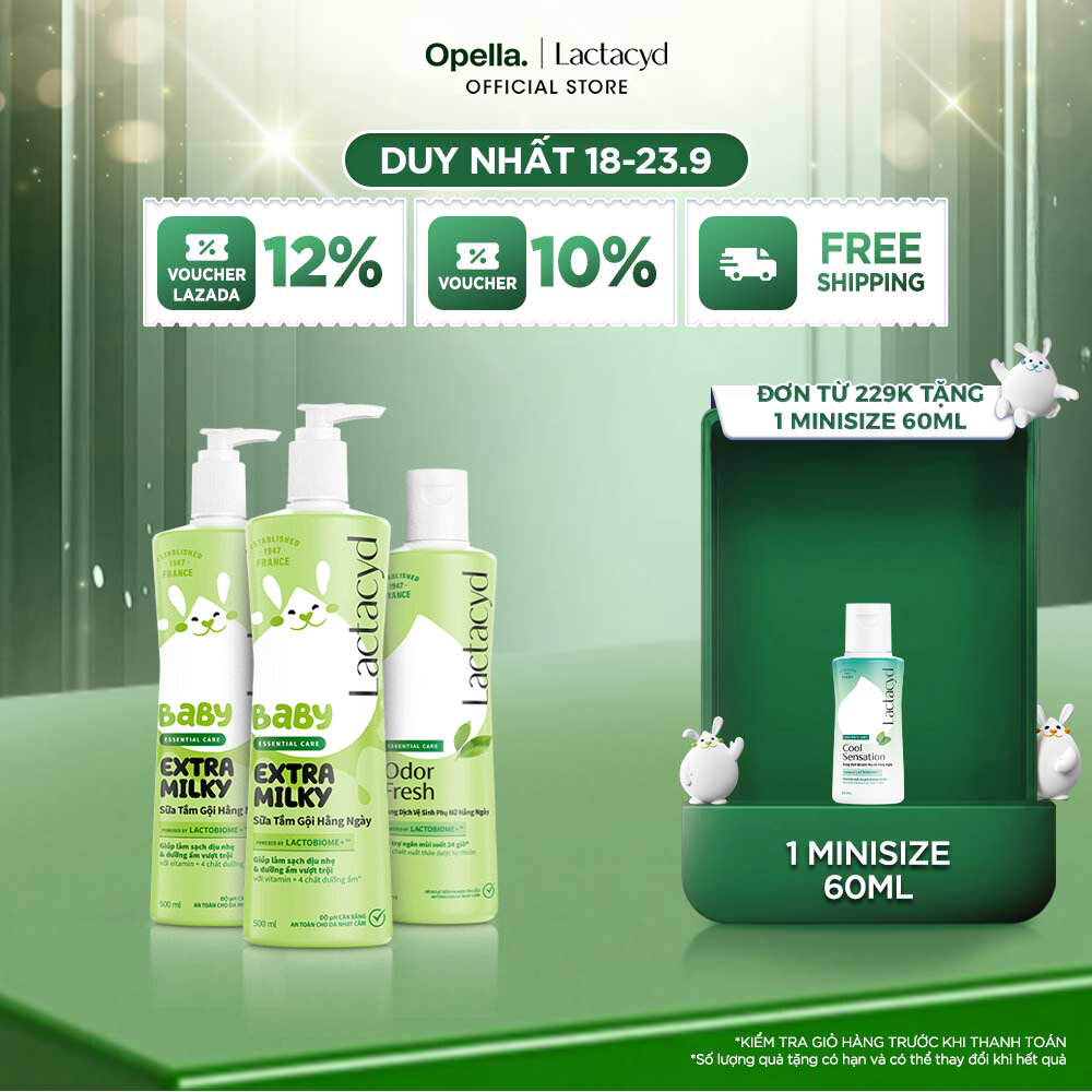 Bộ 2 Sữa Tắm Gội Trẻ Em Lactacyd Baby Extra Milky 500ml + 1 Dung Dịch Vệ Sinh Phụ Nữ Odor Fresh 250ml