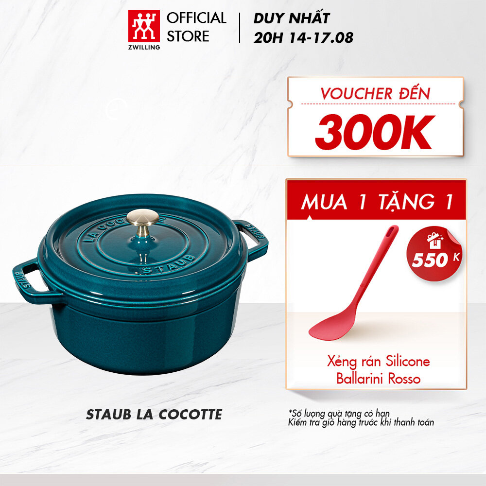 Nồi tròn gang tráng men staub la cocotte màu xanh la mer- nhiều size , tròn cổ điển, không kép bếp