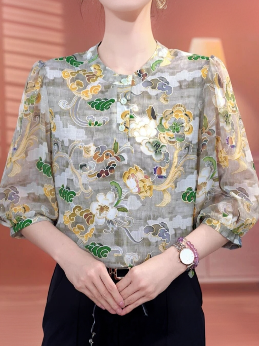 Áo Sơ Mi Lụa Băng Tay Bảy Mùa Hè Mỏng Mới Phong Cách Trung Quốc in Hoa Chống Nắng Cỡ Lớn Che Bụng Giảm Béo